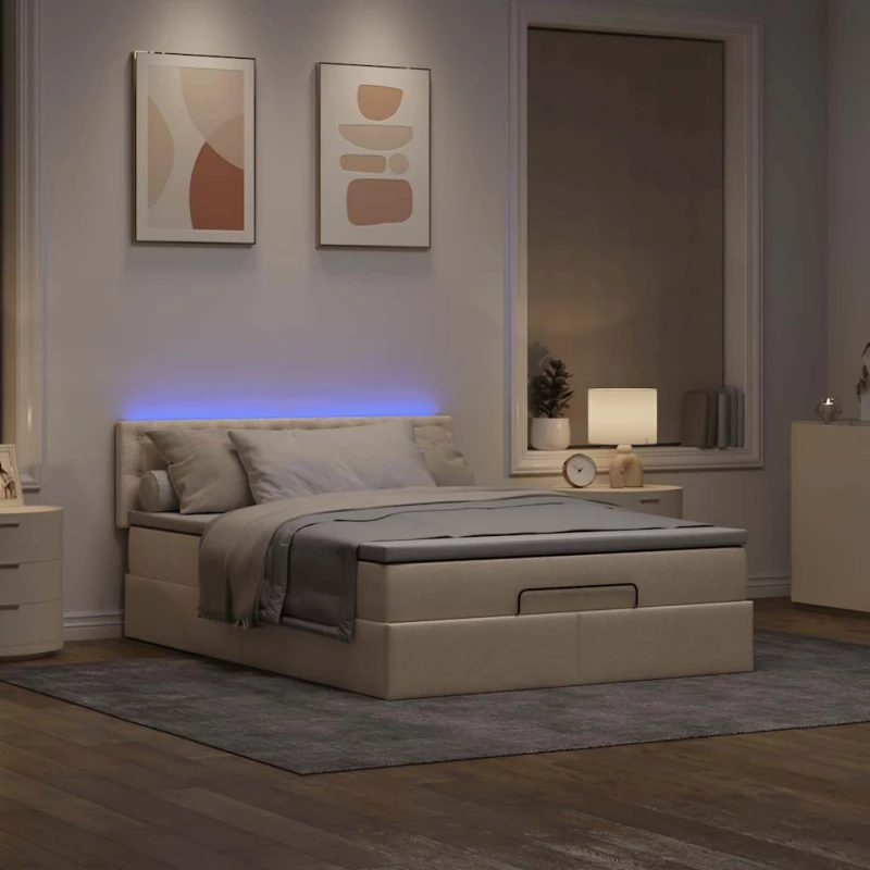 Οθωμανικό κρεβάτι με στρώμα & LEDs Cream 140x200 cm Ύφασμα Κρεμ 3312483