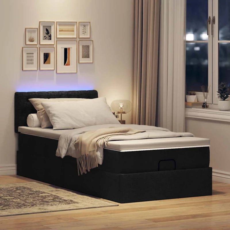 Οθωμανικό κρεβάτι με στρώμα & LEDs Μαύρο ύφασμα 90x190cm Μαύρο 3312355