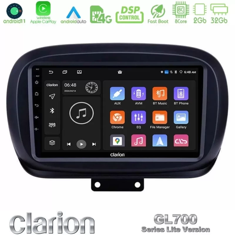 Clarion GL700 Lite Series 8Core Android11 2+32GB Fiat 500X Navigation Multimedia Tablet 9" Με Carplay & Android Auto U-G72L-FT0534