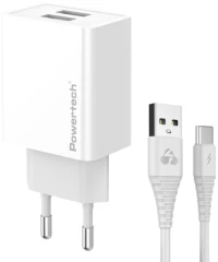 POWERTECH φορτιστής τοίχου PT-1324 με καλώδιο USB-C, 2x USB, 12W, λευκός