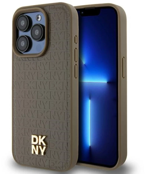 DKNY Leather Pattern Metal Logo MagSafe case for iPhone 14 Pro - brown