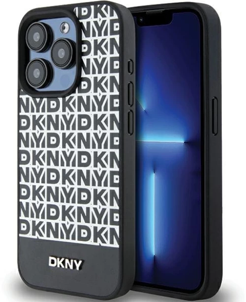 DKNY Leather Printed Pattern Metal Logo MagSafe Case for iPhone 15 Pro - Black