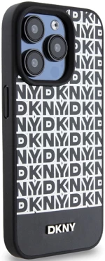 DKNY Leather Printed Pattern Metal Logo MagSafe Case for iPhone 15 Pro - Black