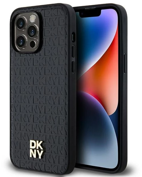 DKNY Leather Monogram Pattern Metal Logo MagSafe Case for iPhone 14 Pro Max - Black