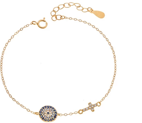 Βραχιόλι Senza Silver 925 Gold Plated, Μάτι-στόχος και σταυρός με ζιργκόν