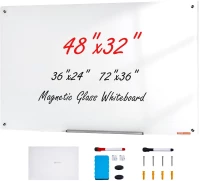 Λευκός πίνακας VEVOR Magnetic Glass, Dry Erase Board 48"x32", Επιτοίχιος Μεγάλη Λευκή Γυάλινη Πίνακας χωρίς πλαίσιο, με δίσκο μαρκαδόρου, μια γόμα και 2 μαρκαδόρους, λευκό