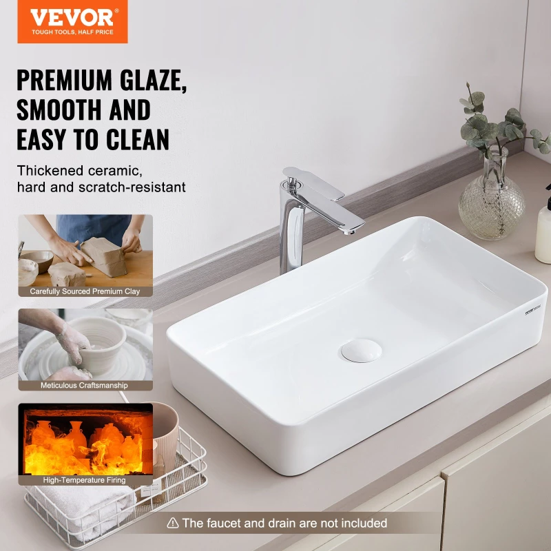 VEVOR Μοντέρνος Κεραμικός Νεροχύτης Μπάνιου 24"x13,8" Πάγκος Νεροχύτης Μπάνιου Λευκός