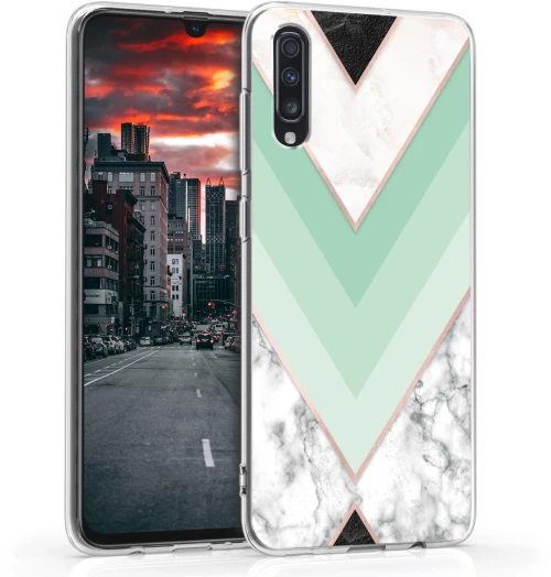 kwmobile Case Compatible with Samsung Galaxy A70 Marble Mint/Rose Gold/White