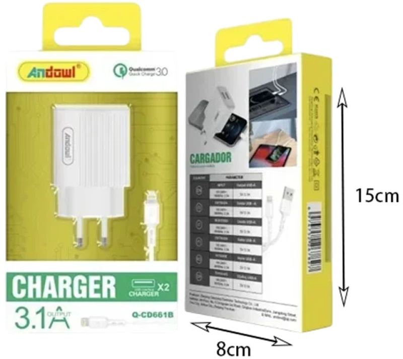 Andowl Φορτιστής με καλώδιο Lightning 3.1A Q-CD661B - Charger