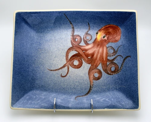 Πιάτο Παραλληλόγραμμο Κεραμικό Χειροποίητο Χταπόδι Μπλε - 29cm