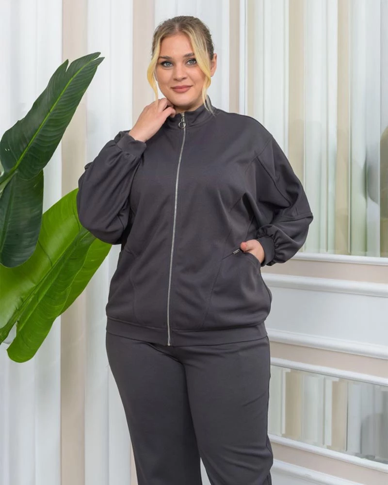 SINDY γυναικεία φούτερ ζακέτα με φερμουάρ γκρι (BIGSIZE) 5% ελασταν, 95% pes
