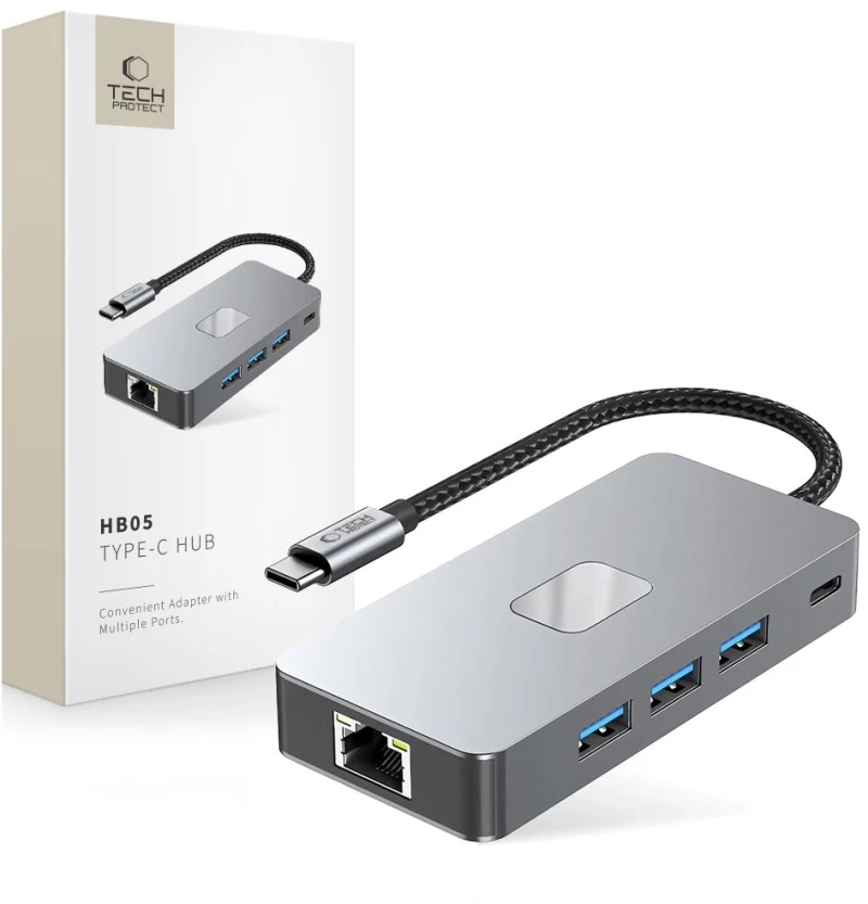 TECH-PROTECT HB05 HUB ADAPTER 9IN1 TYPE-C + USB2.0 + USB3.0 + HDMI 4K 60HZ + SD/TF + PD100W + RJ45 1000M SPACE GREY