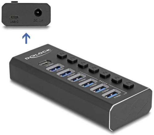 DELOCK USB hub 64326 με διακόπτες, 7x θυρών, 10Gbps, USB/USB-C σύνδεση, μαύρο