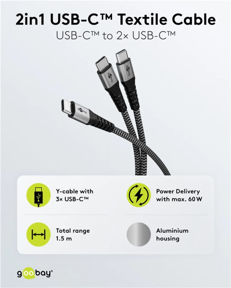 GOOBAY καλώδιο USB-C σε 2x USB-C 75739, 60W, 480Mbps, 1.5m, γκρι