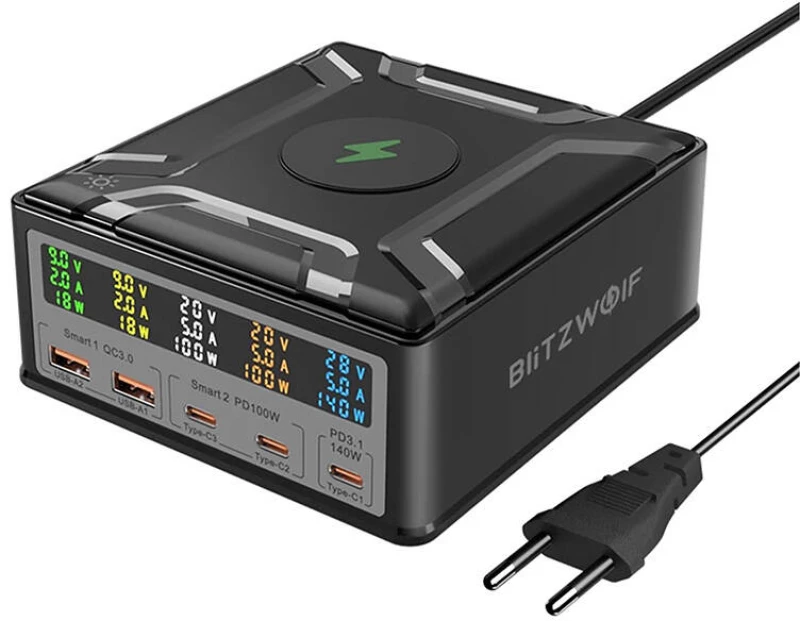 Blitzwolf BW-S28 260W, 2xUSB-A, 3xUSB-C, 15W wireless charger (black)