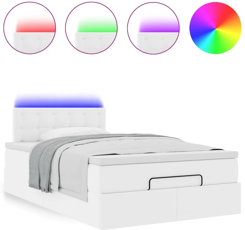 vidaXL Οθωμανικό κρεβάτι με στρώματα & LEDs Καθαρό λευκό Faux Leather