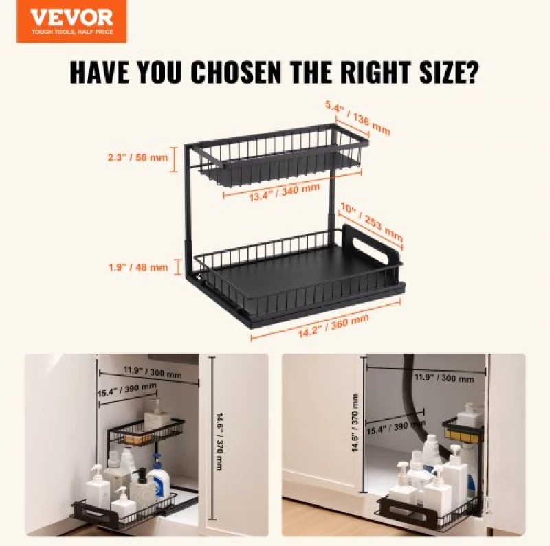 VEVOR 2-Tier Wire Pull Out Cabinet Under Sink Organizer 10.7"x14" Drawer Basket