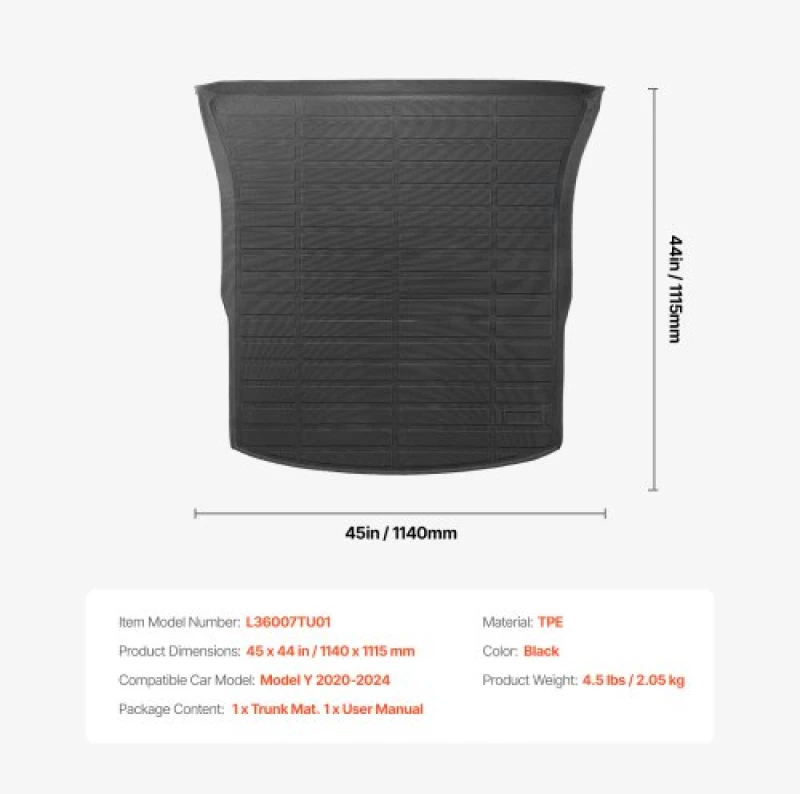 VEVOR Cargo Mat All Weather TPE Custom Fit for Tesla Model Y 2020-2024 SUV