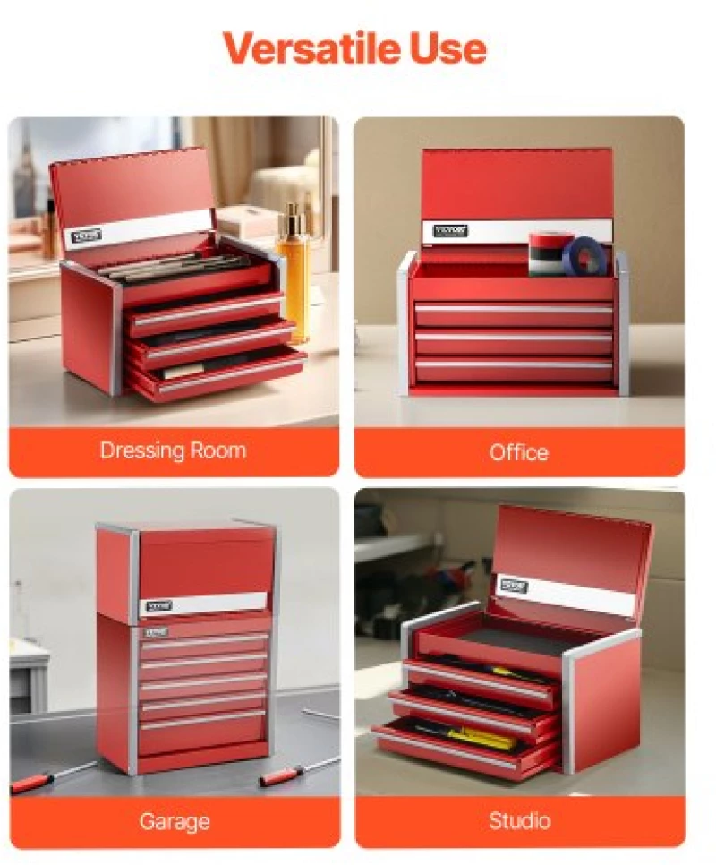 VEVOR Tool Box 8.6-inch Portable Metal Tool Box 3 Drawers Tool Organizer Red