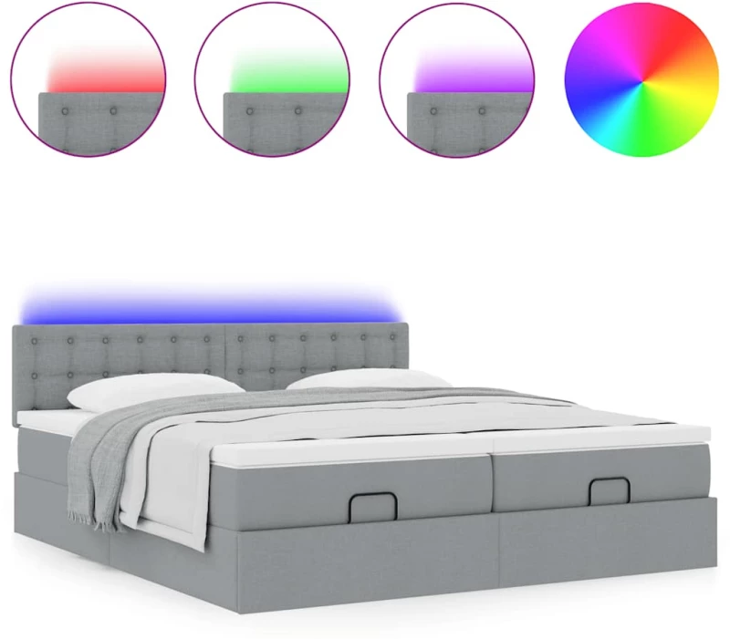 vidaXL Οθωμανικό κρεβάτι με στρώματα & LEDs Ανοιχτό γκρι ύφασμα