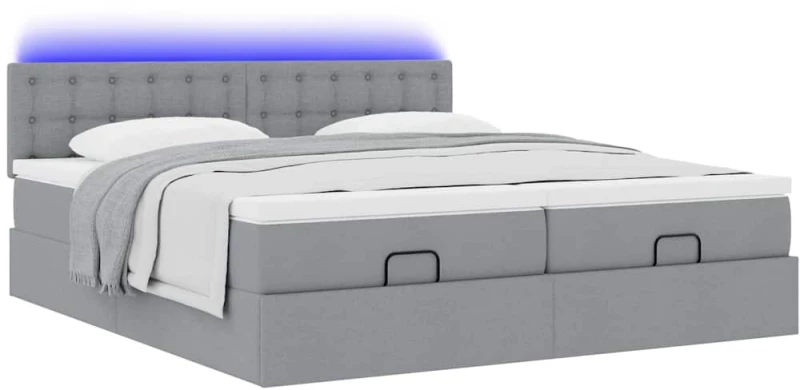 vidaXL Οθωμανικό κρεβάτι με στρώματα & LEDs Ανοιχτό γκρι ύφασμα