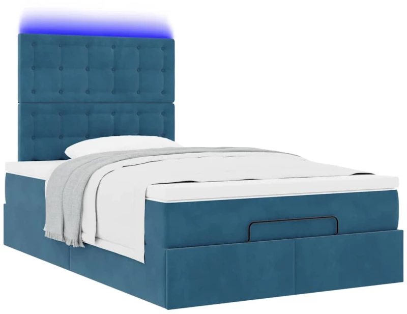 vidaXL Οθωμανικό κρεβάτι με στρώματα & LEDs Σκούρο μπλε Βελούδο