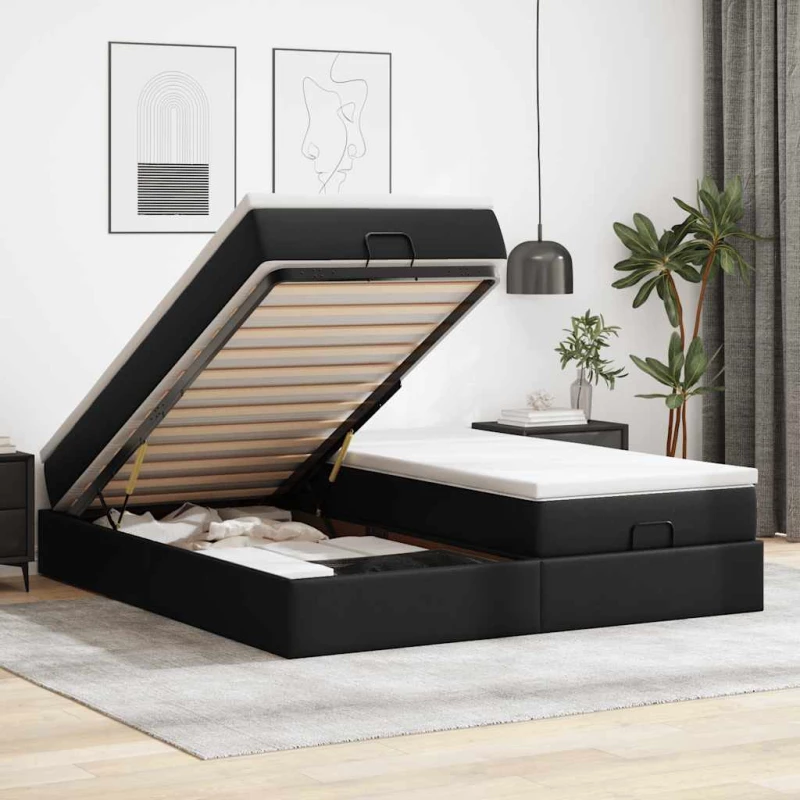vidaXL Οθωμανικό κρεβάτι με στρώματα Μαύρο 160x200cm Συνθετικό δέρμα