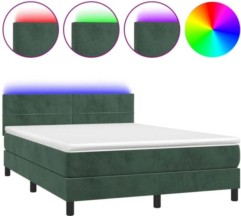 vidaXL Κρεβάτι Boxspring με Στρώμα & LED Σκ. Πράσινο 140x190εκ Βελούδο
