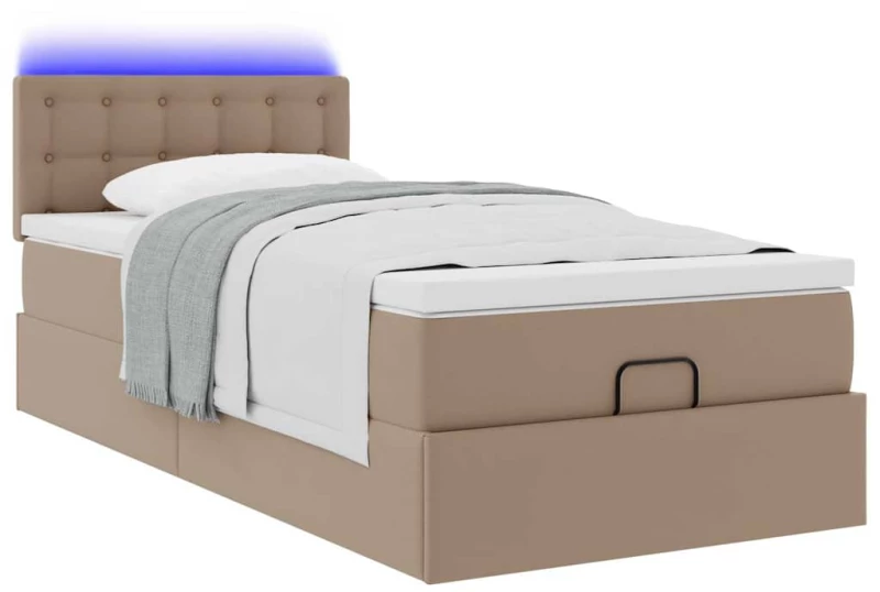 vidaXL Οθωμανικό κρεβάτι με στρώματα & LEDs Cappuccino Faux Leather