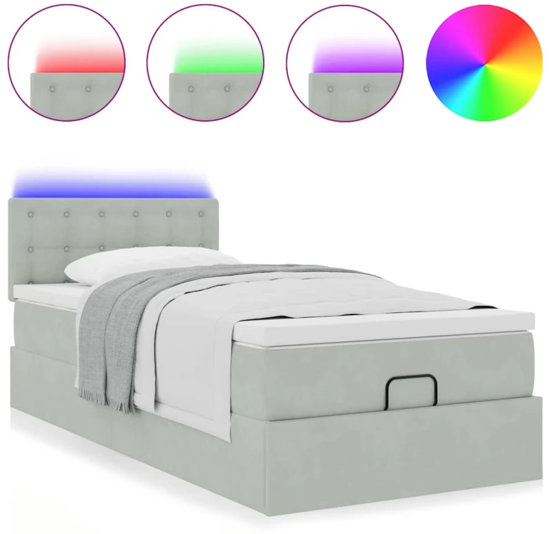 vidaXL Οθωμανικό κρεβάτι με στρώμα&LEDs Ανοιχτό γκρι 100x200cm Βελούδο