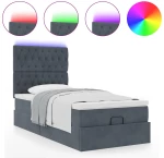 vidaXL Οθωμανικό κρεβάτι με στρώματα & LEDs Σκούρο γκρι Βελούδο