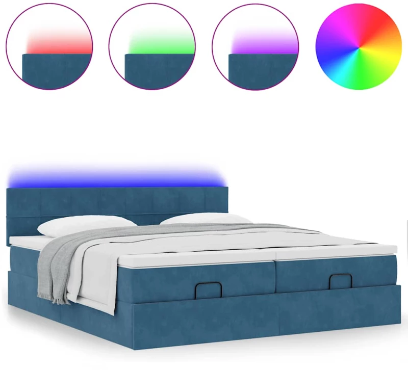 vidaXL Οθωμανικό κρεβάτι με στρώματα & LEDs Σκούρο μπλε Βελούδο