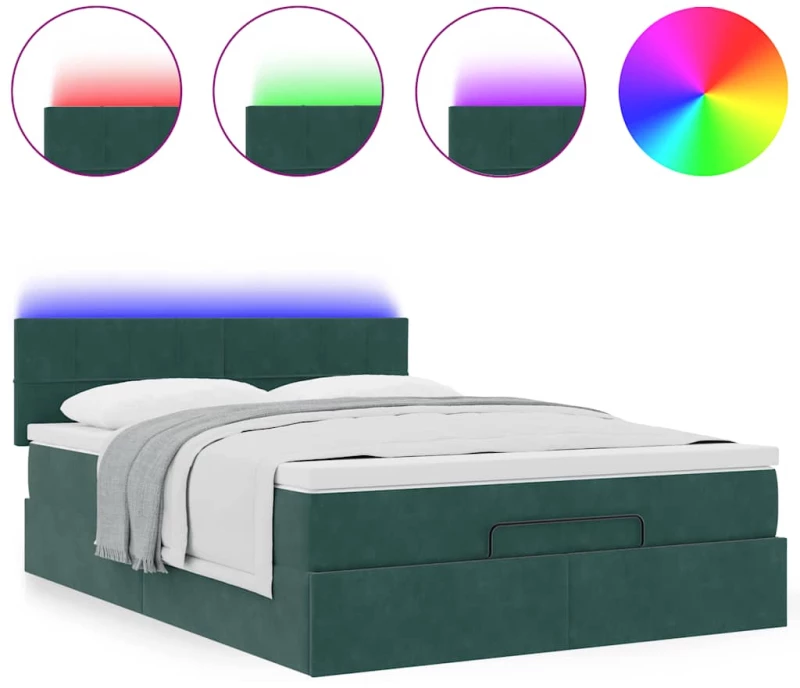 vidaXL Οθωμανικό κρεβάτι με στρώμα & LEDs Σκούρο πράσινο Βελούδο