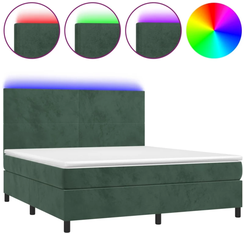 vidaXL Κρεβάτι Boxspring με Στρώμα & LED Σκ. Πράσινο 160x200εκ Βελούδο