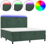 vidaXL Κρεβάτι Boxspring με Στρώμα & LED Σκ. Πράσινο 160x200εκ Βελούδο