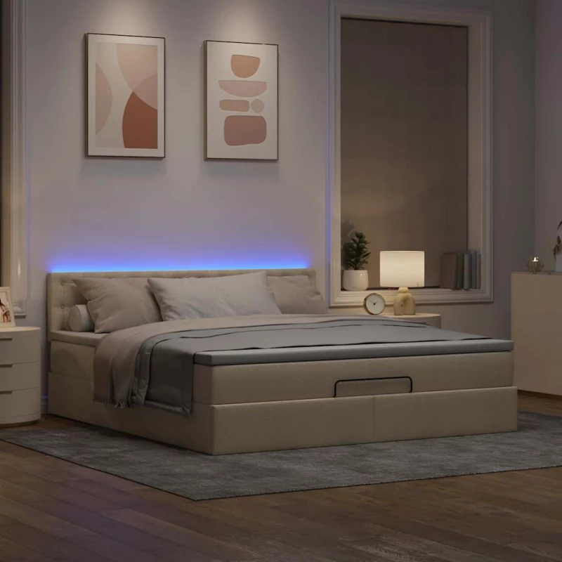 vidaXL Οθωμανικό κρεβάτι με στρώμα & LEDs Cream 160x200cm ύφασμα