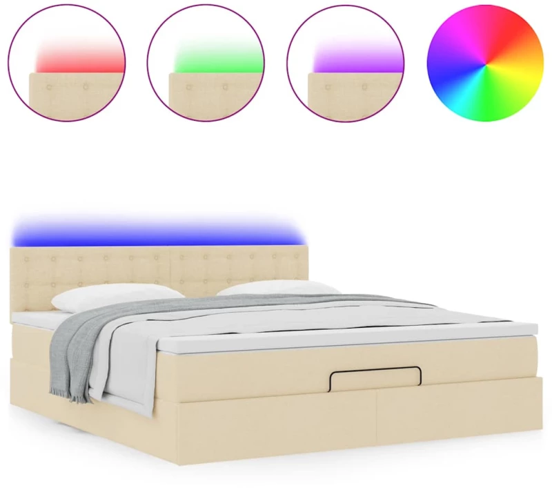 vidaXL Οθωμανικό κρεβάτι με στρώμα & LEDs Cream 160x200cm ύφασμα