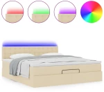 vidaXL Οθωμανικό κρεβάτι με στρώμα & LEDs Cream 160x200cm ύφασμα