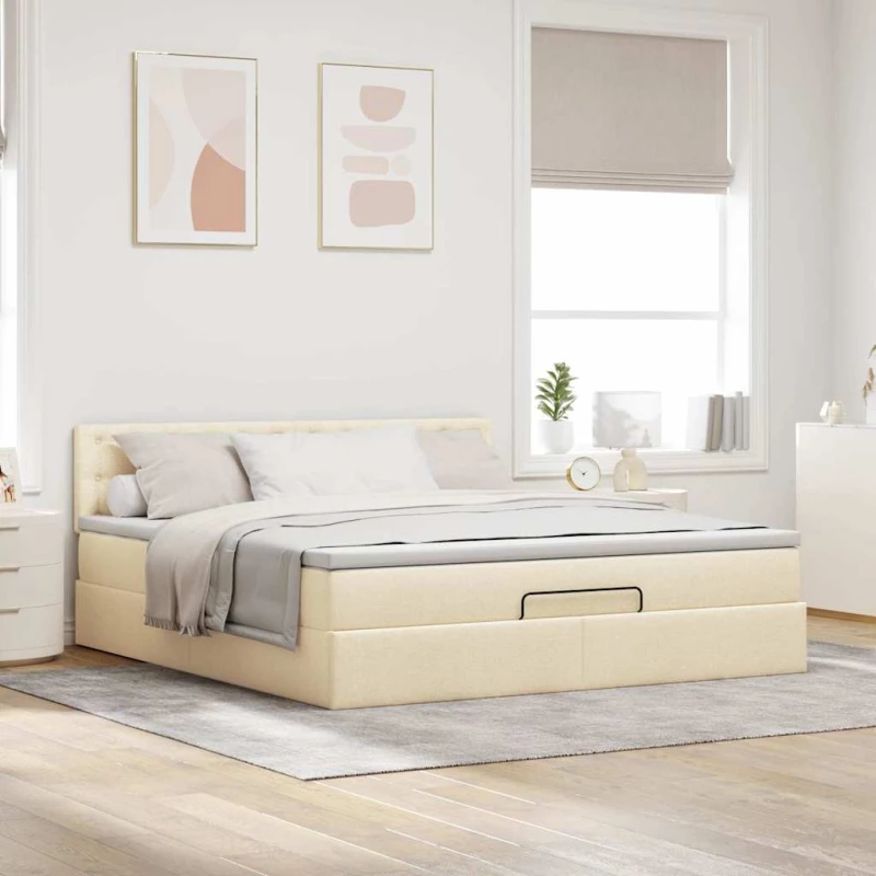 vidaXL Οθωμανικό κρεβάτι με στρώμα & LEDs Cream 160x200cm ύφασμα