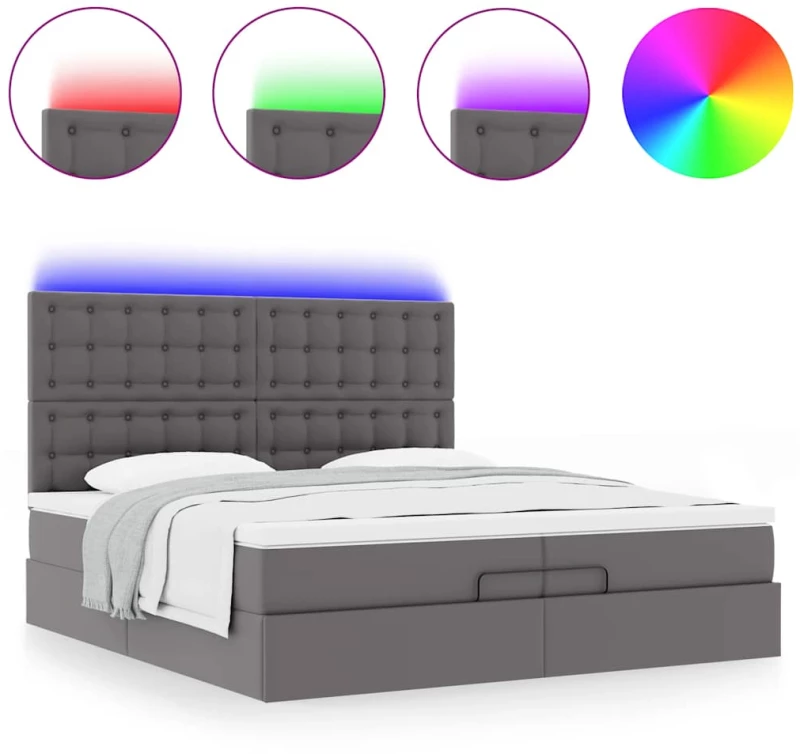 vidaXL Οθωμανικό κρεβάτι με στρώματα & LEDs Γκρι Faux Leather