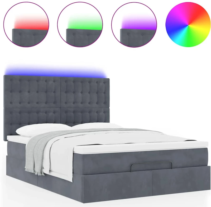 vidaXL Οθωμανικό κρεβάτι με στρώματα & LEDs Σκούρο γκρι Βελούδο