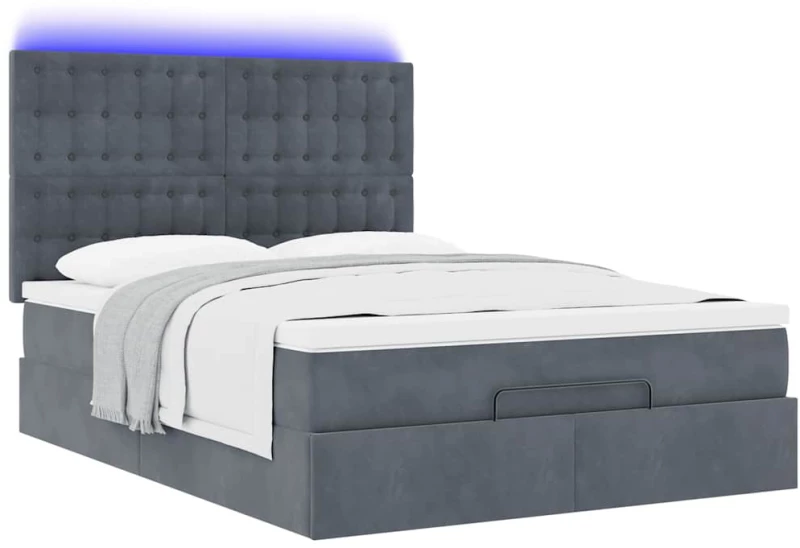 vidaXL Οθωμανικό κρεβάτι με στρώματα & LEDs Σκούρο γκρι Βελούδο