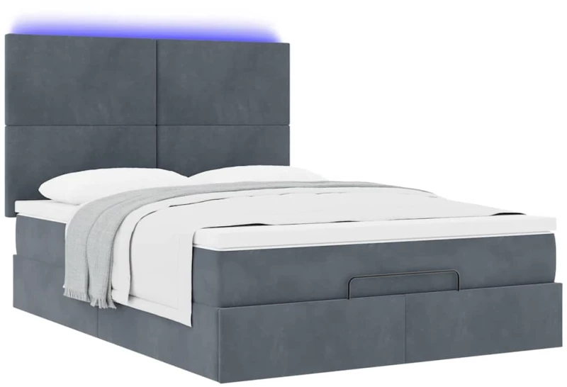 vidaXL Οθωμανικό κρεβάτι με στρώματα & LEDs Σκούρο γκρι Βελούδο