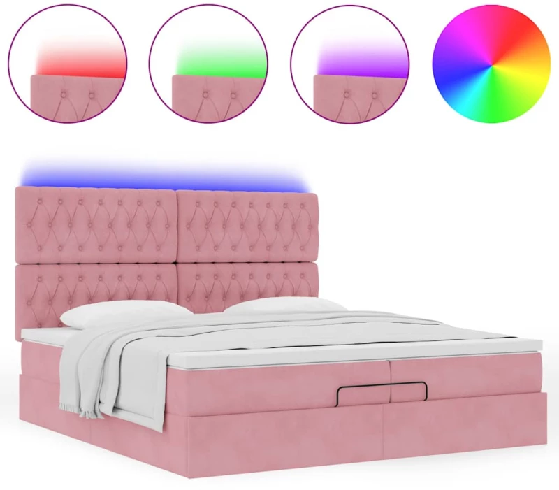 vidaXL Οθωμανικό κρεβάτι με στρώματα & LEDs Ροζ 200x200cm Velvet