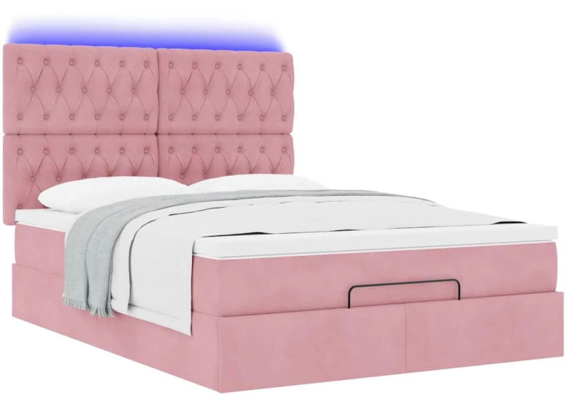 vidaXL Οθωμανικό κρεβάτι με στρώματα & LEDs Ροζ 140x200cm Βελούδο