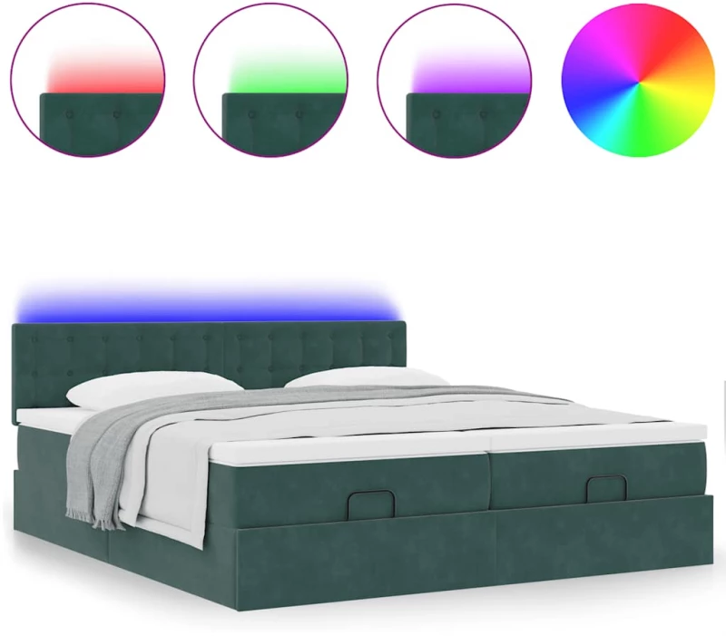 vidaXL Οθωμανικό κρεβάτι με στρώματα & LEDs Σκούρο πράσινο Βελούδο