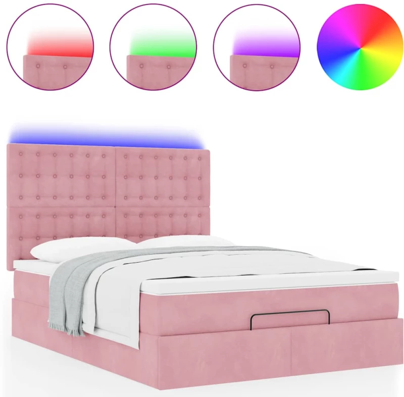 vidaXL Οθωμανικό κρεβάτι με στρώματα & LEDs Ροζ 140x200cm Βελούδο