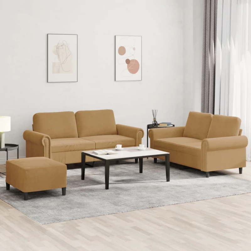 vidaXL Πολυθρόνες Σετ 3 Τεμαχίων Καφέ από Βελούδο με Μαξιλάρια