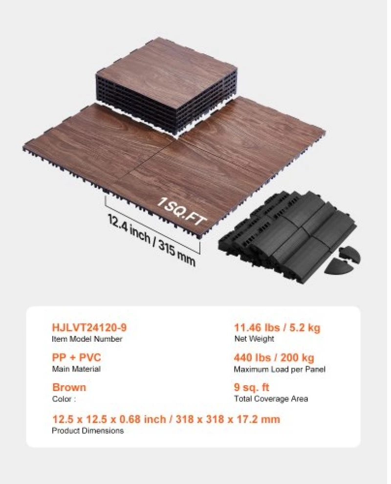 Gym Flooring Set 9 PCS Interlocking PP+PVC Puzzle Rubber Tiles