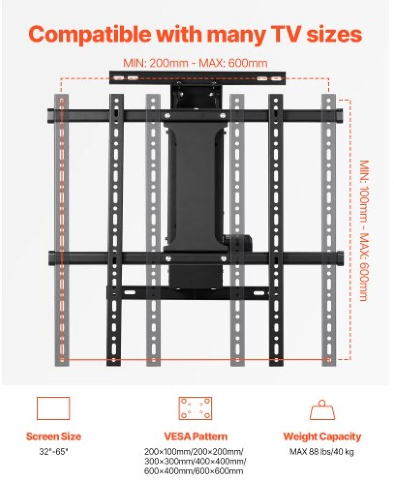 VEVOR Motorized TV Wall Mount, 32-65 in Electric Fireplace TV Wall Mount Black